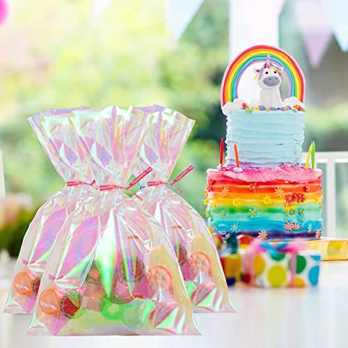 Sainyarh 120pcs Cellophane Treat Bags, Iridescent Holographic Cellophane Bags, 6x9 inch Iridescent Holographic Cellophane Goodie Bags, Iridescent Cellophane Party Favor Treat Bags Candy Cookie Bags