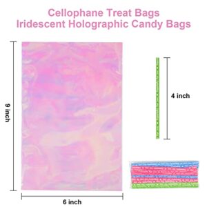 Sainyarh 120pcs Cellophane Treat Bags, Iridescent Holographic Cellophane Bags, 6x9 inch Iridescent Holographic Cellophane Goodie Bags, Iridescent Cellophane Party Favor Treat Bags Candy Cookie Bags