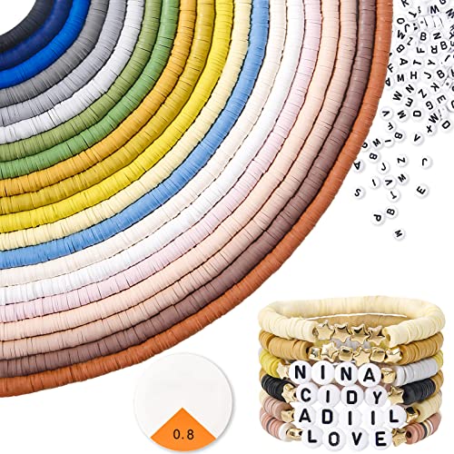 Clay Beads 7200 Pcs Bracelet Making Kit, 20 Neutral Colors 6mm Flat Polymer Clay Beads Kit for Bracelets Jewelry Making, Disc Heishi Beads Set with Letter Beads DIY Craft Gift for Adults Girls Kids