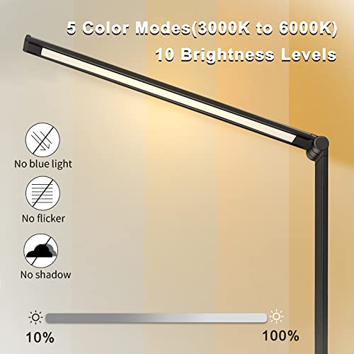 LED Desk Lamp with Wireless Charger USB Charging Port Touch Control Led Desk Light with 5 Modes 10 Brightness Eyes Caring 30/60 Mins Auto Timer Adjustable Arm Black Desk Lamps for Home Office Dorm