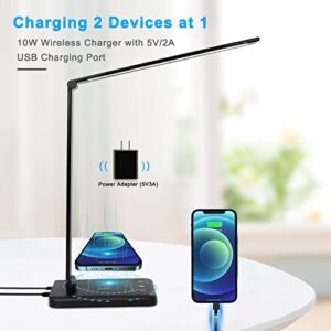 LED Desk Lamp with Wireless Charger USB Charging Port Touch Control Led Desk Light with 5 Modes 10 Brightness Eyes Caring 30/60 Mins Auto Timer Adjustable Arm Black Desk Lamps for Home Office Dorm