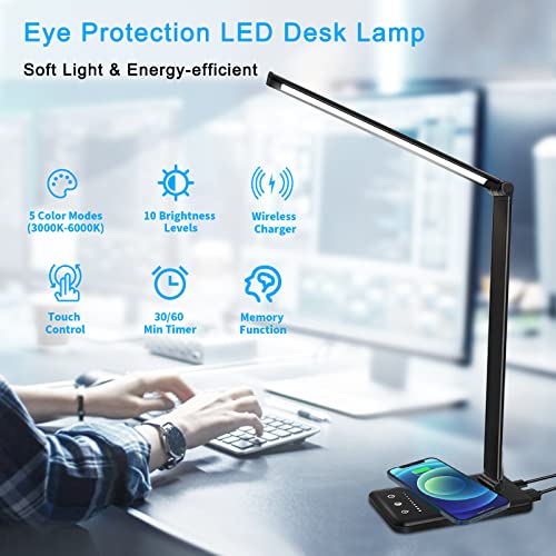LED Desk Lamp with Wireless Charger USB Charging Port Touch Control Led Desk Light with 5 Modes 10 Brightness Eyes Caring 30/60 Mins Auto Timer Adjustable Arm Black Desk Lamps for Home Office Dorm