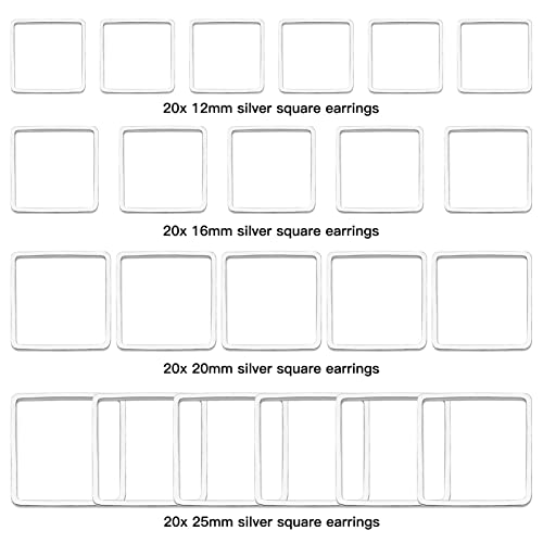 80Pcs Earring Hoop Jewelry Making Earring Beading Hoop Rings Earring Finding Hypoallergenic Square Earrings Beading Hoop Bulk Open Bezel Pendant Frame for DIY Crafts Accessories Supplies(Silver)