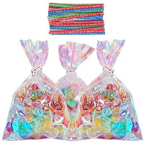 hrx package 100pcs small iridescent cellophane treat bags with ties, 4×6 inch holographic plastic goody bags for candy, cake pops, favors