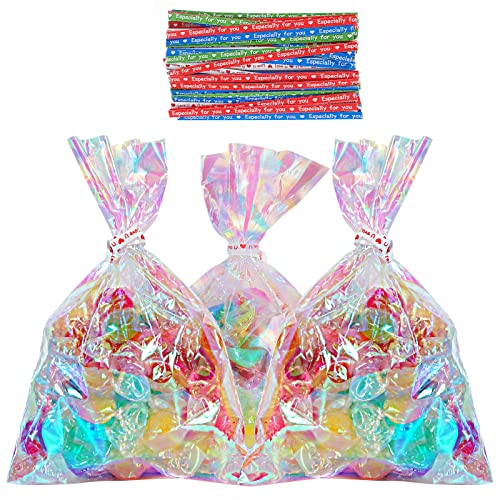 HRX Package 100pcs Small Iridescent Cellophane Treat Bags with Ties, 4x6 inch Holographic Plastic Goody Bags for Candy, Cake Pops, Favors