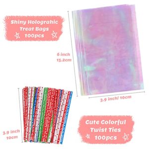 HRX Package 100pcs Small Iridescent Cellophane Treat Bags with Ties, 4x6 inch Holographic Plastic Goody Bags for Candy, Cake Pops, Favors