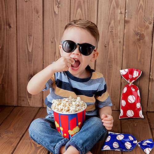 100 Pieces Baseball Party Treat Bags Baseball Cellophane Bags Baseball Candy Bag with 100 Pieces Gold Twist Ties for Chocolate Candy Snacks Cookies Birthday Party Supplier, 10.8 x 5 Inch, 2 Colors