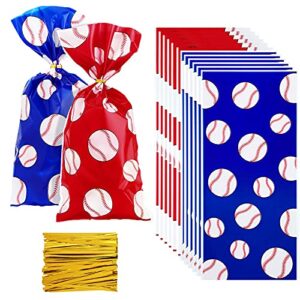 100 pieces baseball party treat bags baseball cellophane bags baseball candy bag with 100 pieces gold twist ties for chocolate candy snacks cookies birthday party supplier, 10.8 x 5 inch, 2 colors
