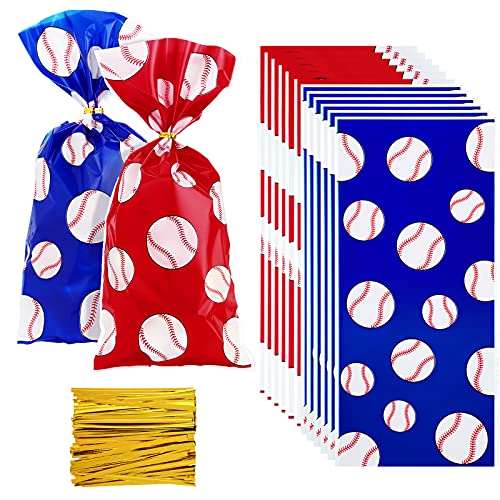 100 Pieces Baseball Party Treat Bags Baseball Cellophane Bags Baseball Candy Bag with 100 Pieces Gold Twist Ties for Chocolate Candy Snacks Cookies Birthday Party Supplier, 10.8 x 5 Inch, 2 Colors