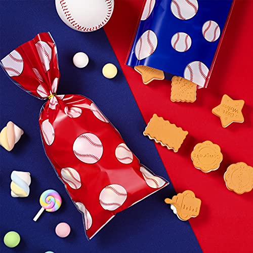 100 Pieces Baseball Party Treat Bags Baseball Cellophane Bags Baseball Candy Bag with 100 Pieces Gold Twist Ties for Chocolate Candy Snacks Cookies Birthday Party Supplier, 10.8 x 5 Inch, 2 Colors