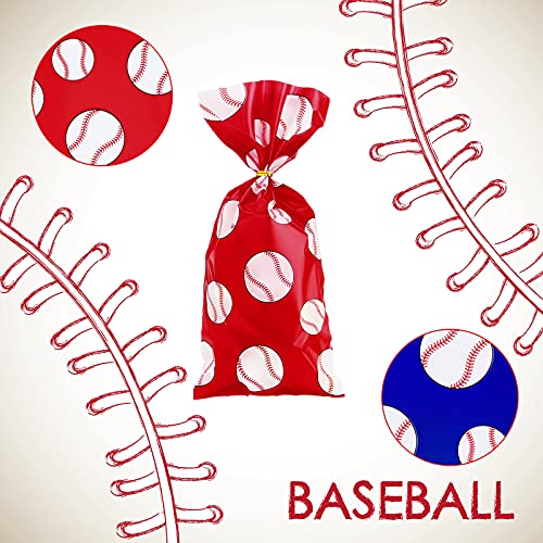 100 Pieces Baseball Party Treat Bags Baseball Cellophane Bags Baseball Candy Bag with 100 Pieces Gold Twist Ties for Chocolate Candy Snacks Cookies Birthday Party Supplier, 10.8 x 5 Inch, 2 Colors