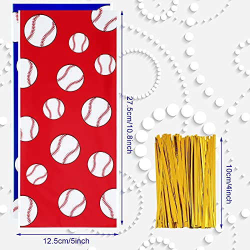 100 Pieces Baseball Party Treat Bags Baseball Cellophane Bags Baseball Candy Bag with 100 Pieces Gold Twist Ties for Chocolate Candy Snacks Cookies Birthday Party Supplier, 10.8 x 5 Inch, 2 Colors