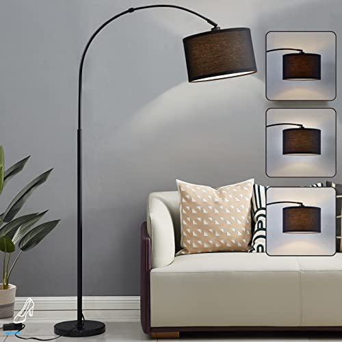 Arc Floor Lamp, Dimmable Floor Lamp Black Morden Standing Lamp with Adjustable Hanging Shade Over Couch Tall Reading Light Curved Floor Lamp with Marble Base for Living Room, Bedroom, Office