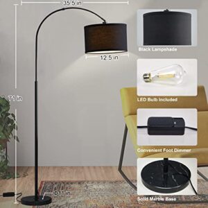 Arc Floor Lamp, Dimmable Floor Lamp Black Morden Standing Lamp with Adjustable Hanging Shade Over Couch Tall Reading Light Curved Floor Lamp with Marble Base for Living Room, Bedroom, Office