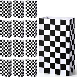 28 pack checkered racing treat bags, black and white race car favor bags, kraft paper popcorn boxes goodie bags candy bags for monster truck cars birthday party decorations