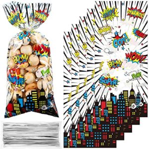 100 pcs hero cellophane treat bags, hero party gift candy bags, hero themed goodie favor bags with 100 silver twist ties for gift wrapping children birthday party baby shower decor (white background)