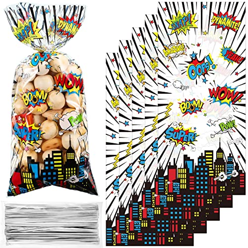 100 Pcs Hero Cellophane Treat Bags, Hero Party Gift Candy Bags, Hero Themed Goodie Favor Bags with 100 Silver Twist Ties for Gift Wrapping Children Birthday Party Baby Shower Decor (White Background)