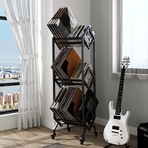 Simoretus 3 Tier Vinyl Record Storage Rack, Mobile Black Metal LP Storage Display Stand with Casters, Large Capacity Record Holder for Albums, Books, Magazines, and Office Files