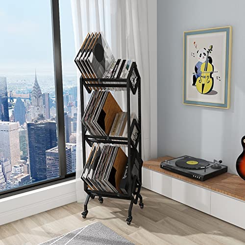 Simoretus 3 Tier Vinyl Record Storage Rack, Mobile Black Metal LP Storage Display Stand with Casters, Large Capacity Record Holder for Albums, Books, Magazines, and Office Files