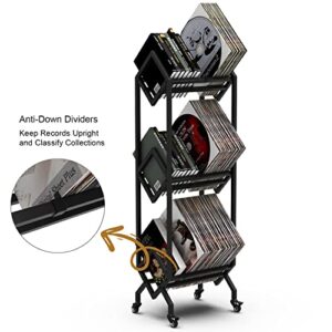 Simoretus 3 Tier Vinyl Record Storage Rack, Mobile Black Metal LP Storage Display Stand with Casters, Large Capacity Record Holder for Albums, Books, Magazines, and Office Files