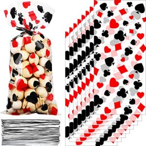 100 pieces casino party cellophane treat bags, black red las vegas poker party plastic candy bags goodie favor bags with 100 silver twist ties for casino themed poker birthday party supplies
