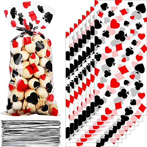 100 Pieces Casino Party Cellophane Treat Bags, Black Red Las Vegas Poker Party Plastic Candy Bags Goodie Favor Bags with 100 Silver Twist Ties for Casino Themed Poker Birthday Party Supplies