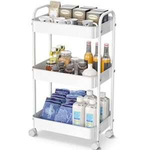 3 tier metal rolling utility cart with caster wheels, rolling storage cart organizer craft cart with handle kitchen cart for bathroom shelves laundry office balcony living room organization white