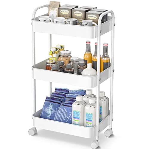 3 Tier Metal Rolling Utility Cart with Caster Wheels, Rolling Storage Cart Organizer Craft Cart with Handle Kitchen Cart for Bathroom Shelves Laundry Office Balcony Living Room Organization White