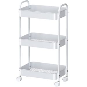 3 Tier Metal Rolling Utility Cart with Caster Wheels, Rolling Storage Cart Organizer Craft Cart with Handle Kitchen Cart for Bathroom Shelves Laundry Office Balcony Living Room Organization White