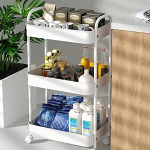 3 Tier Metal Rolling Utility Cart with Caster Wheels, Rolling Storage Cart Organizer Craft Cart with Handle Kitchen Cart for Bathroom Shelves Laundry Office Balcony Living Room Organization White