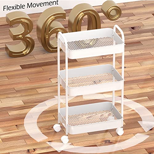 3 Tier Metal Rolling Utility Cart with Caster Wheels, Rolling Storage Cart Organizer Craft Cart with Handle Kitchen Cart for Bathroom Shelves Laundry Office Balcony Living Room Organization White