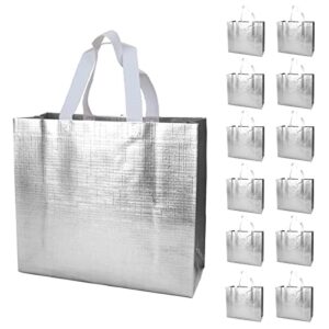huann 12 pcs silver gift bags large wedding gift bags with handle glossy reusable gift bags shine non-woven gift bags for wedding christmas party, 13 x 5 x 11 inch