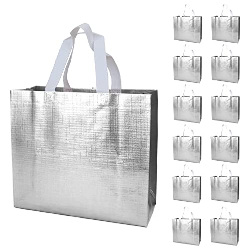 HUANN 12 Pcs Silver Gift Bags Large Wedding Gift Bags with Handle Glossy Reusable Gift Bags Shine Non-Woven Gift Bags for Wedding Christmas Party, 13 x 5 x 11 Inch