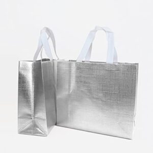 HUANN 12 Pcs Silver Gift Bags Large Wedding Gift Bags with Handle Glossy Reusable Gift Bags Shine Non-Woven Gift Bags for Wedding Christmas Party, 13 x 5 x 11 Inch