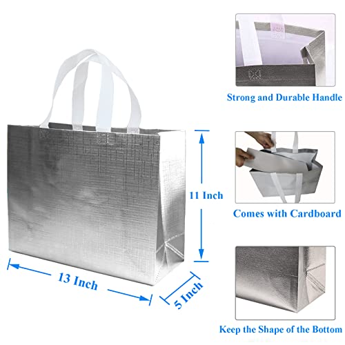 HUANN 12 Pcs Silver Gift Bags Large Wedding Gift Bags with Handle Glossy Reusable Gift Bags Shine Non-Woven Gift Bags for Wedding Christmas Party, 13 x 5 x 11 Inch