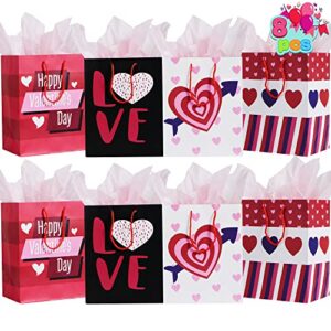 joyin 8 pcs valentines day gift bags with filling paper in 4 designs for kids party favor supplies paper wrapping kraft bags with colorful heart shaped design