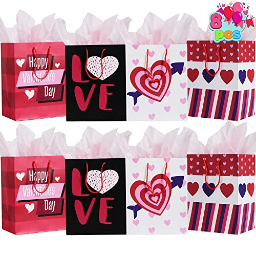 JOYIN 8 Pcs Valentines Day Gift Bags with Filling Paper in 4 Designs for Kids Party Favor Supplies Paper Wrapping Kraft Bags with Colorful Heart shaped Design