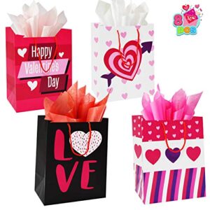 JOYIN 8 Pcs Valentines Day Gift Bags with Filling Paper in 4 Designs for Kids Party Favor Supplies Paper Wrapping Kraft Bags with Colorful Heart shaped Design