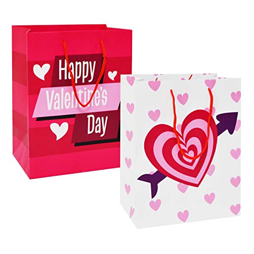 JOYIN 8 Pcs Valentines Day Gift Bags with Filling Paper in 4 Designs for Kids Party Favor Supplies Paper Wrapping Kraft Bags with Colorful Heart shaped Design