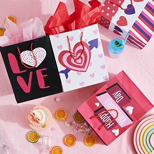 JOYIN 8 Pcs Valentines Day Gift Bags with Filling Paper in 4 Designs for Kids Party Favor Supplies Paper Wrapping Kraft Bags with Colorful Heart shaped Design