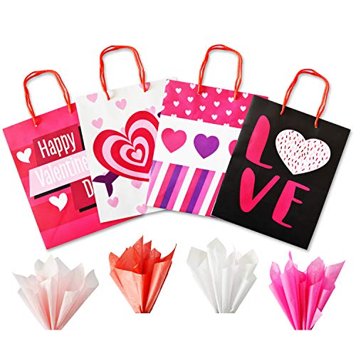 JOYIN 8 Pcs Valentines Day Gift Bags with Filling Paper in 4 Designs for Kids Party Favor Supplies Paper Wrapping Kraft Bags with Colorful Heart shaped Design