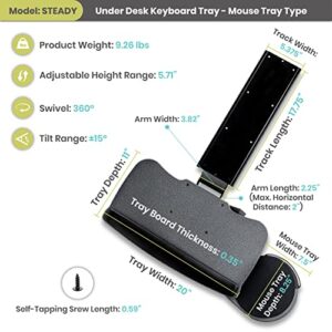 FERSGO Under Desk Keyboard Tray, 20" x 11" Tray, 17.75" Track, One Knob Control, Undermount Sliding Computer Keyboard and Mouse Tray with Wrist Rest, Swivels 360° with Adjustable Height and ±15° Tilt