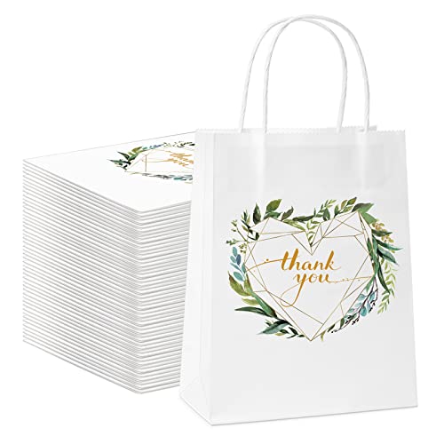 100 Pieces Small Thank You Gift Bags with Handles Baby Shower Party Bags Greenery Paper Goodie Bags Gift Wrap Bags for Business, Boutique, Birthday, Gifts, Wedding Favors, 5.91 x 3.15 x 8.27 Inch