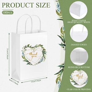 100 Pieces Small Thank You Gift Bags with Handles Baby Shower Party Bags Greenery Paper Goodie Bags Gift Wrap Bags for Business, Boutique, Birthday, Gifts, Wedding Favors, 5.91 x 3.15 x 8.27 Inch