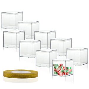 20 pcs clear plastic square cube, 2.16×2.16×2.16″ small acrylic plastic storage box with lids transparent clear square containers display boxes gift box with glitter ribbon for candy pill jewelry christmas