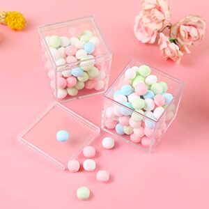 20 Pcs Clear Plastic Square Cube, 2.16x2.16x2.16" Small Acrylic Plastic Storage Box with Lids Transparent Clear Square Containers Display Boxes Gift Box with Glitter Ribbon for Candy Pill Jewelry Christmas