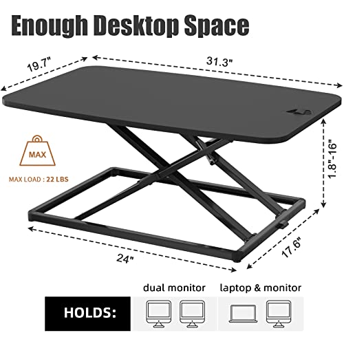 JOY worker Standing Desk Converter, 31 Inch Compact Height Adjustable Stand up Desk Riser, Ultra Low Profile Sit to Stand Desk for Laptop Riser Workstation, Black