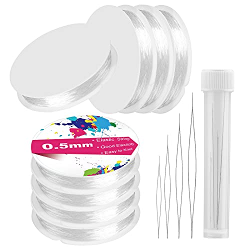 8 Rolls Elastic Stretch Thread for Bracelets, 0.5mm Transparent Beading String with 4 Sizes Beading Needles and Needle Bottle, Clear Stretch Cord Thread for Jewelry Bracelet Necklace Making Wire