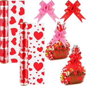 valentine’s day cellophane wrap set include 2 pack 100 ft long x 16 in wide cellophane wrap roll with 40 pull bows, heart pattern gift baskets arts crafts valentine’s day party supplies