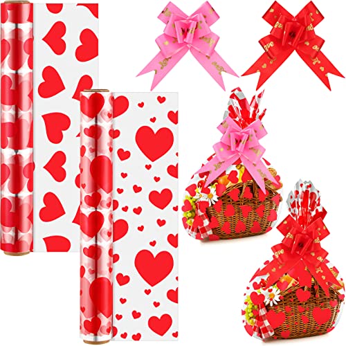 Valentine's Day Cellophane Wrap Set include 2 Pack 100 Ft Long x 16 In Wide Cellophane Wrap Roll with 40 Pull Bows, Heart Pattern Gift Baskets Arts Crafts Valentine's Day Party Supplies